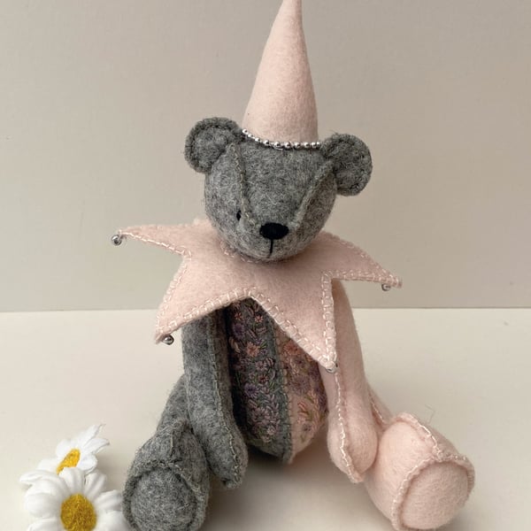 Jester teddy bear, one of a kind adult collectable hand embroidered artist bear