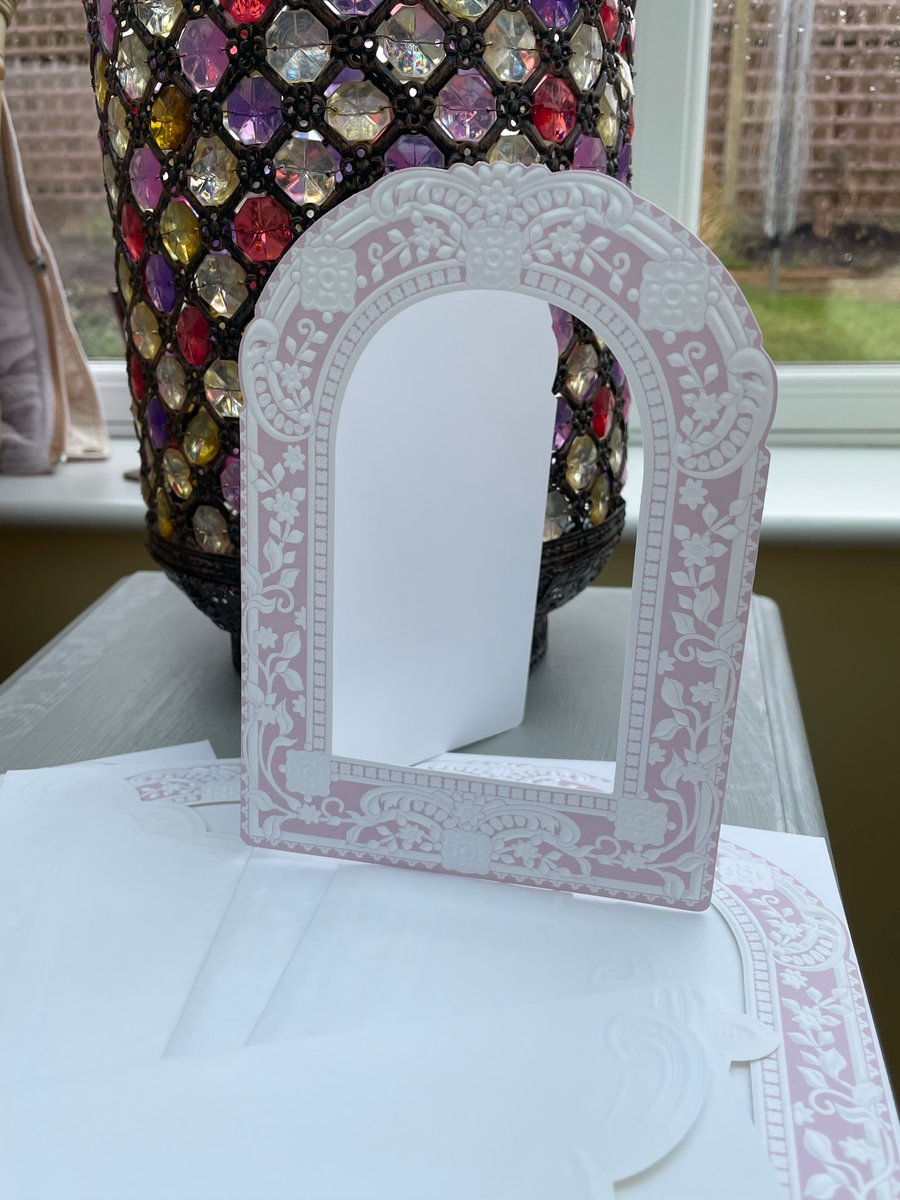 5 Fancy Arch shaped, embossed white and pink, apature card blanks and envelopes