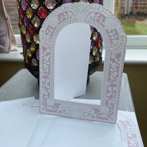 5 Fancy Arch shaped, embossed white and pink, apature card blanks and envelopes