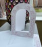 5 Fancy Arch shaped, embossed white and pink, apature card blanks and envelopes - Image 1
