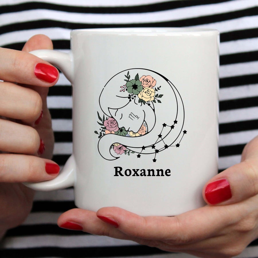 Virgo Floral Zodiac Mug - Customizable 11oz Ceramic Coffee Cup with Star Sign