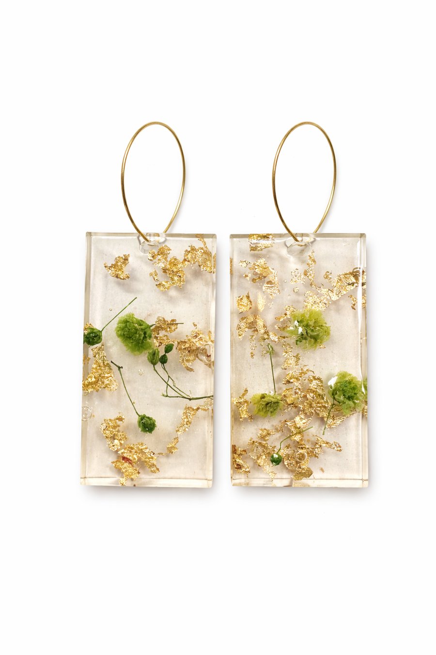Green Flower Rectangle Resin Earrings with Gold Leaf – Botanical Dangle 