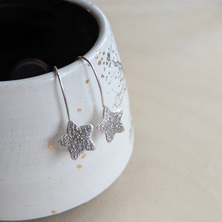 Long silver star earrings, celestial earrings, Christmas jewellery gift