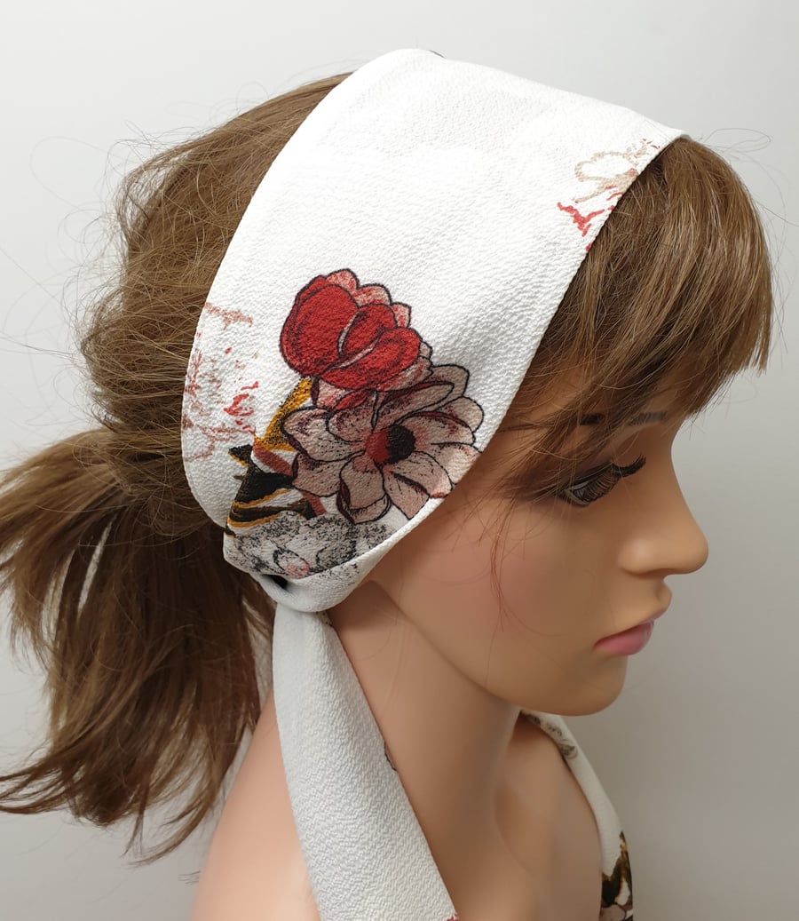 White floral tie back Bohemian style head scarf