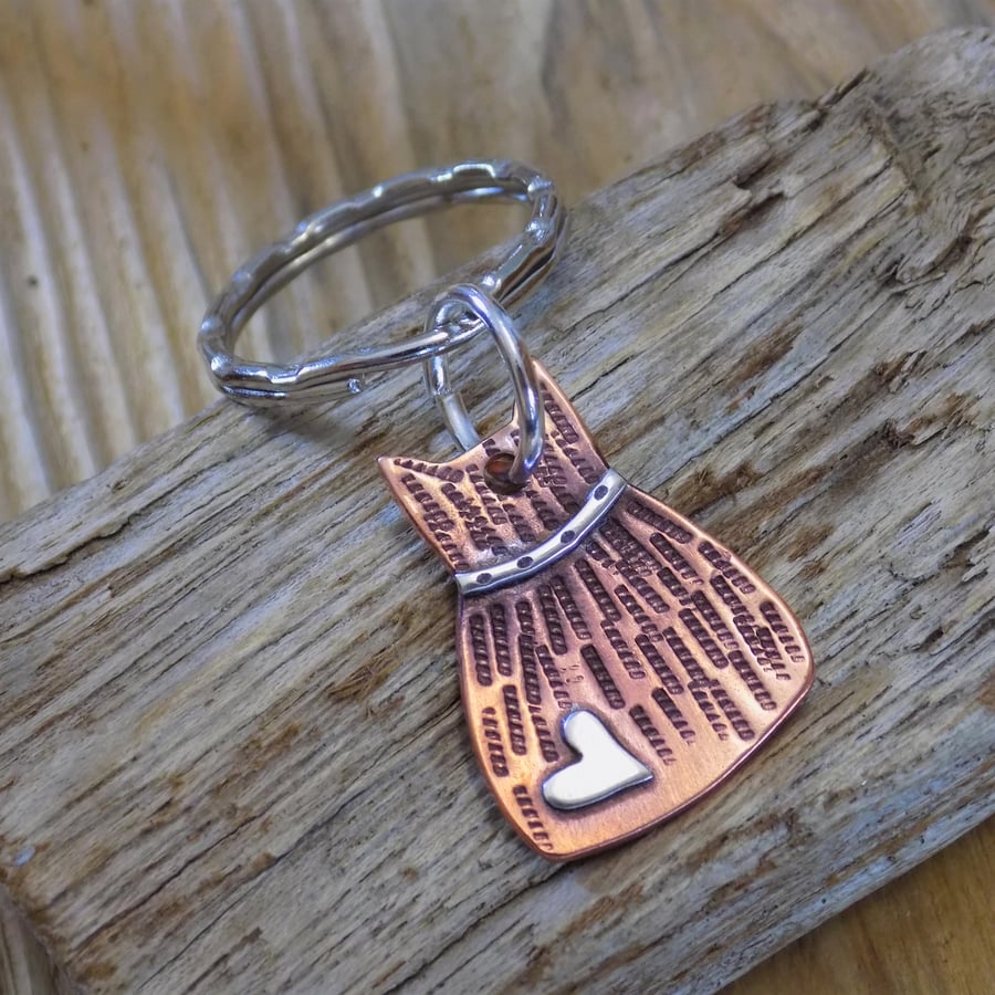 Copper and silver 'Kitty love heart' mixed metal keyring 