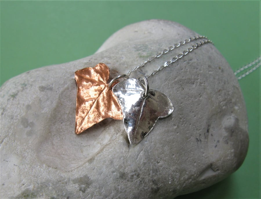Silver and copper ivy leaf necklace
