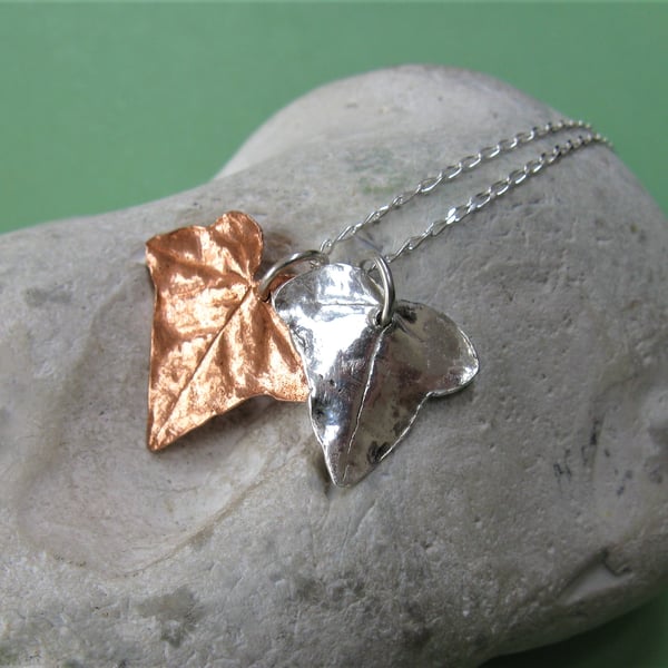 Silver and copper ivy leaf necklace