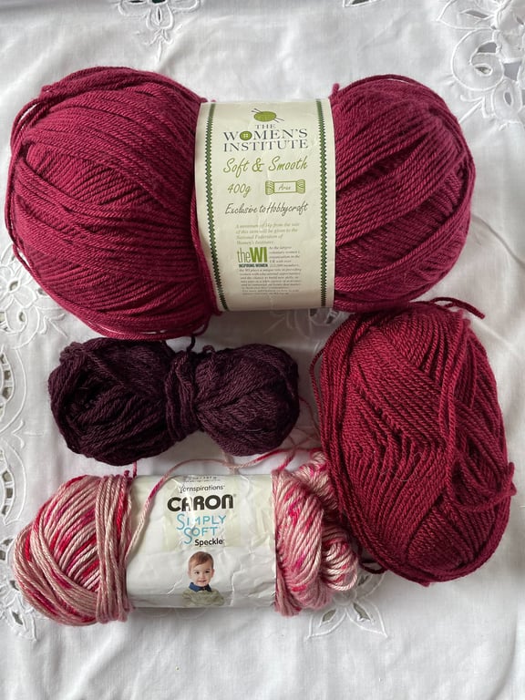 Burgundy Plum Pink Yarn Bundle Aran Women's Institute Acrylic 400g Crochet Yarn