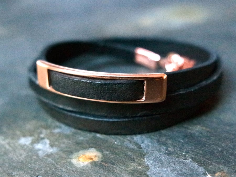 Leather wrap bracelet - rectangular slider black rose gold