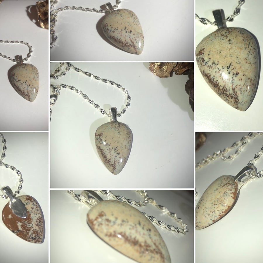 Natural smooth Picture Jasper gemstone pendant Sterling Silver 18”  rope chain