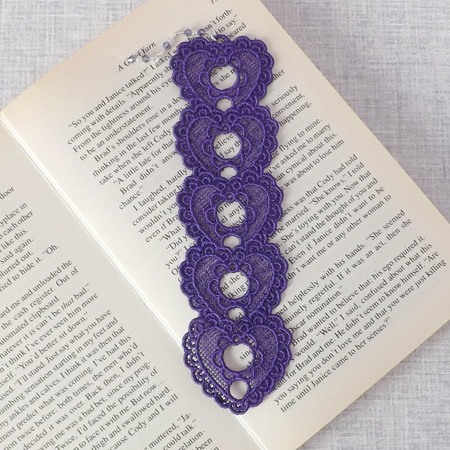 Bookmark, hearts bookmark, embroidered lace, purple