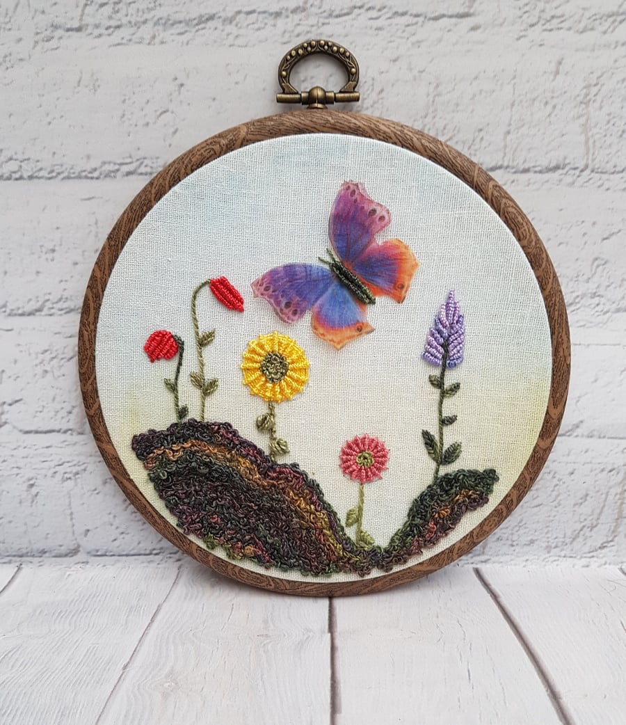 Purple and Orange Butterfly and Wildflower 3d Hand Embroidery Hoop Art for Natur