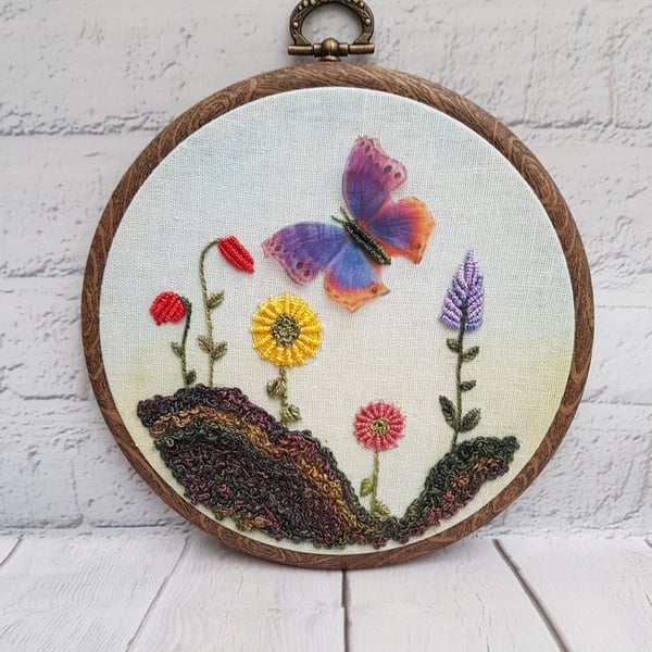 Purple and Orange Butterfly and Wildflower 3d Hand Embroidery Hoop Art for Natur