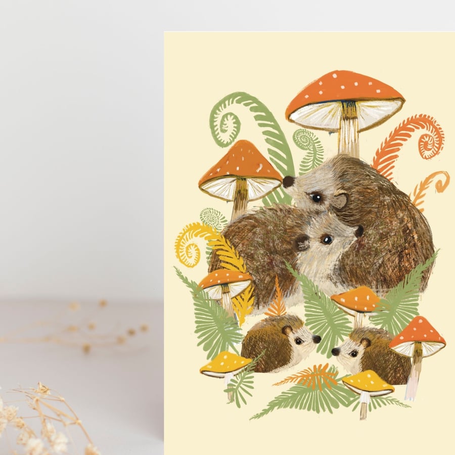Hedgehog toadstool wildlife blank card