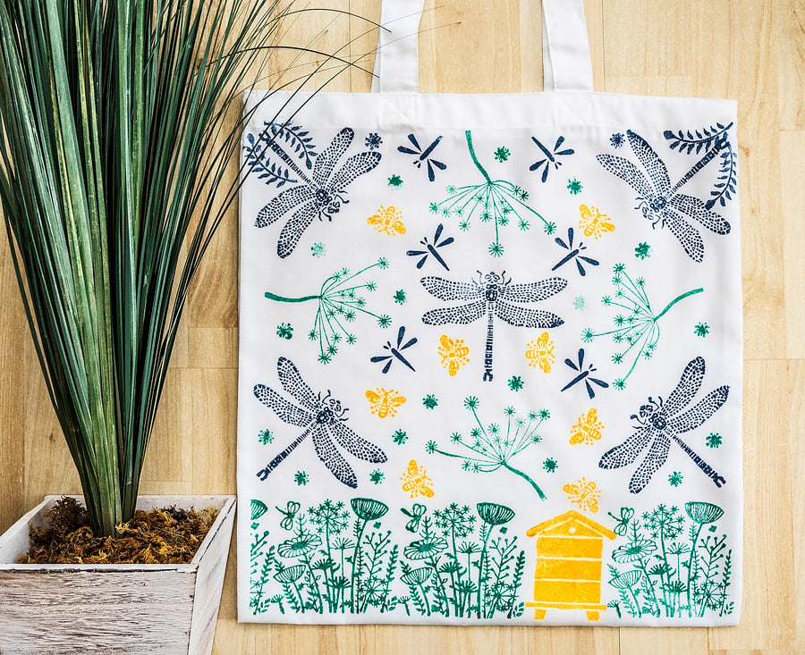 Hand printed Dragonfly Tote Bag Gift for Nature Lover bees dragonflies beehive  