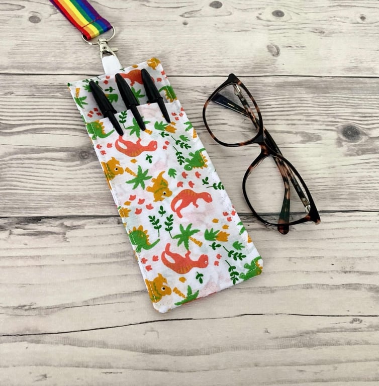 White Dinosaurs Fabric. Double Sided Glasses and Pen Holder for Lanyards.