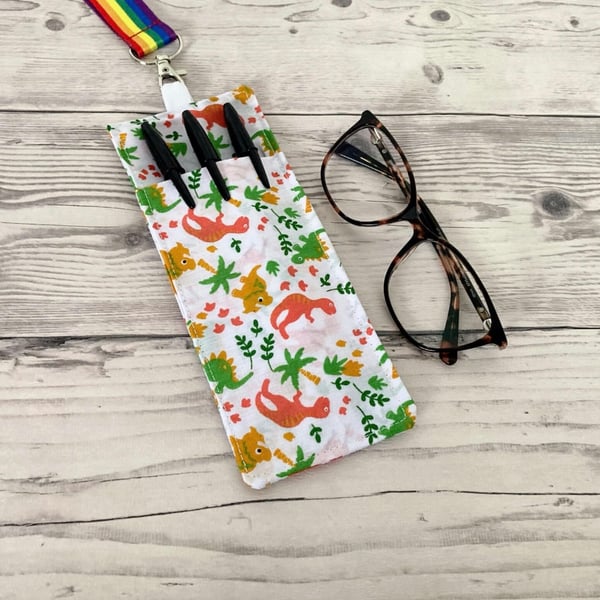 White Dinosaurs Fabric. Double Sided Glasses and Pen Holder for Lanyards.