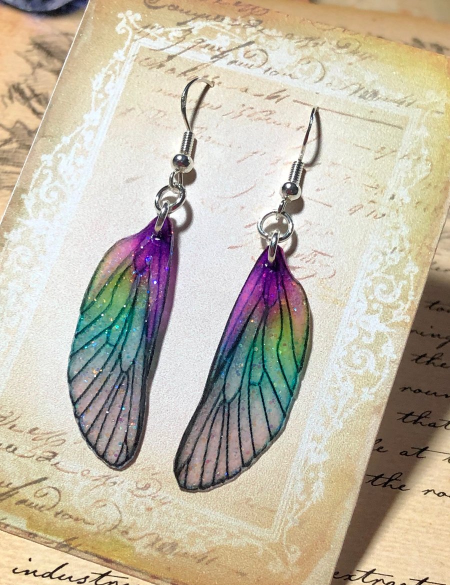 Purple and Green Sterling Silver Fairy Wing Earrings