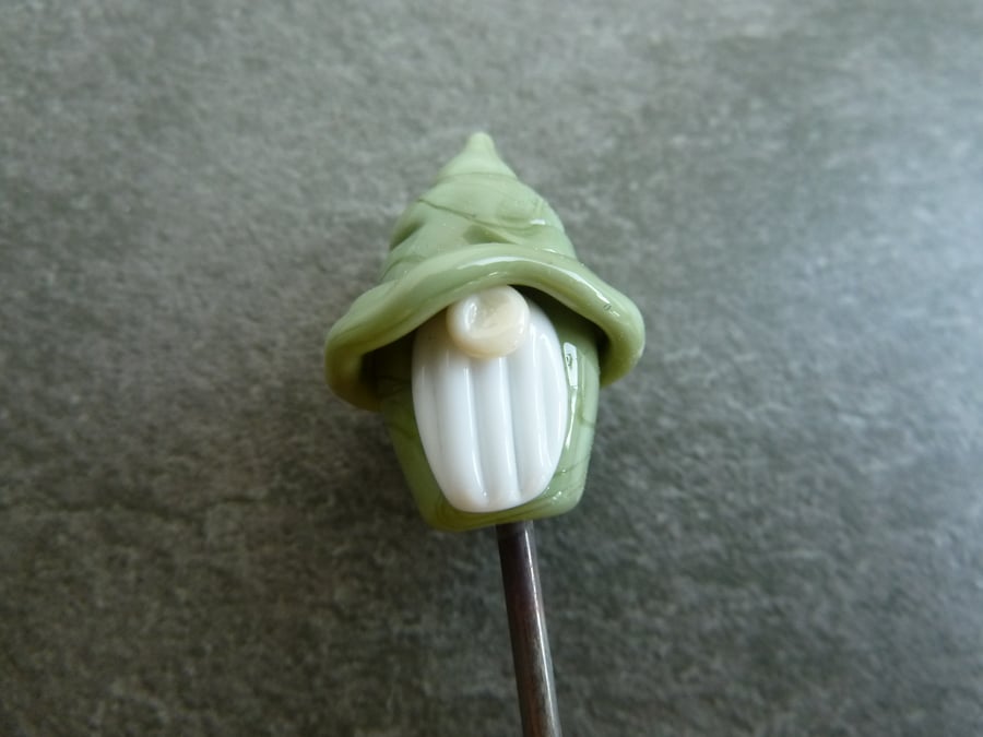 green glass gnome, plant pot stake