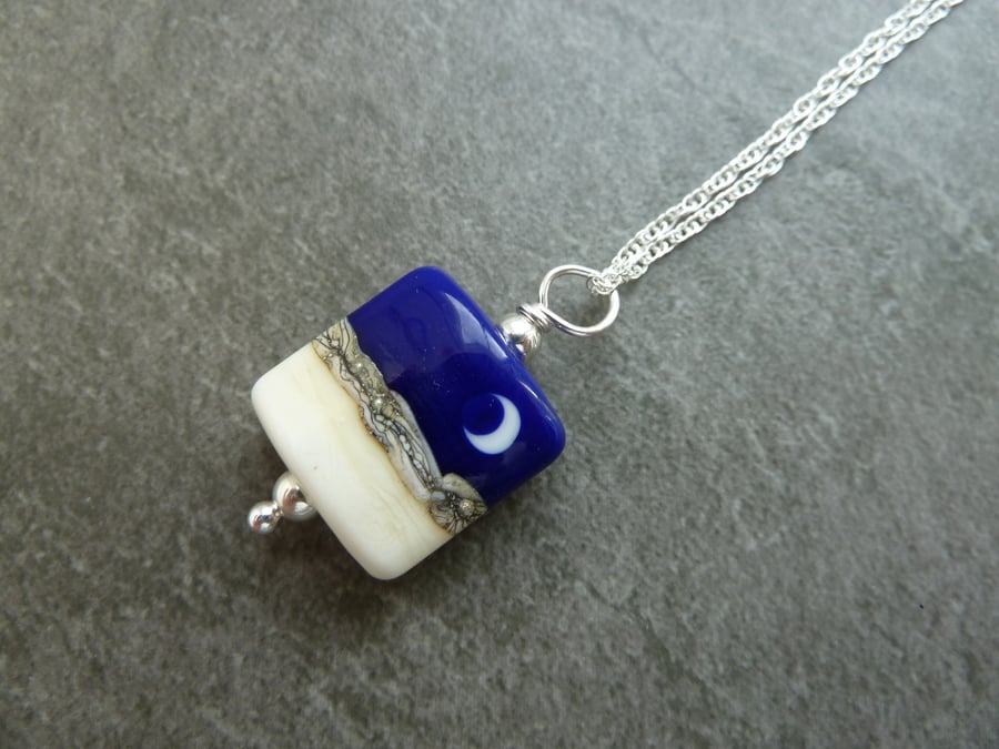sterling silver chain necklace, blue moon lampwork glass pendant