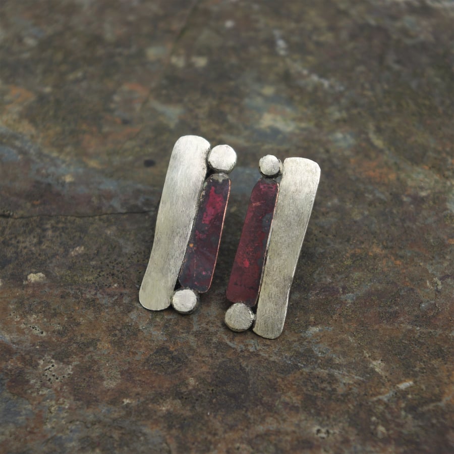 Silver and Copper Dry Stone Wall Inspired Stud Earrings