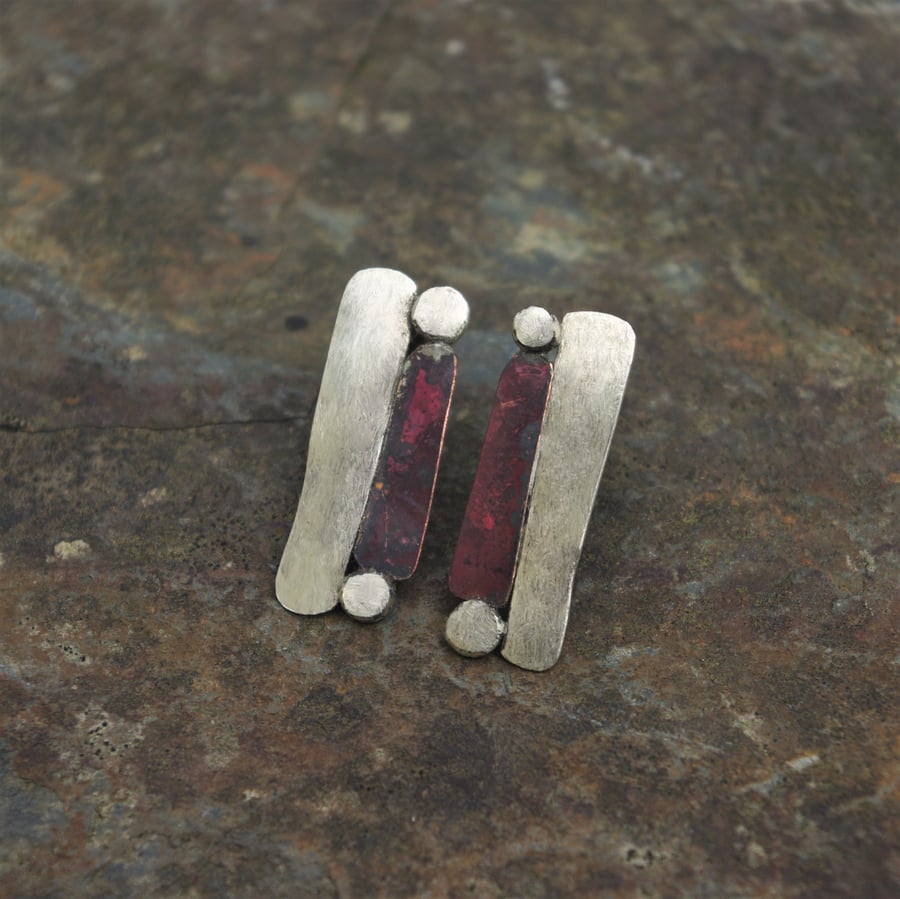 Silver and Copper Dry Stone Wall Inspired Stud Earrings