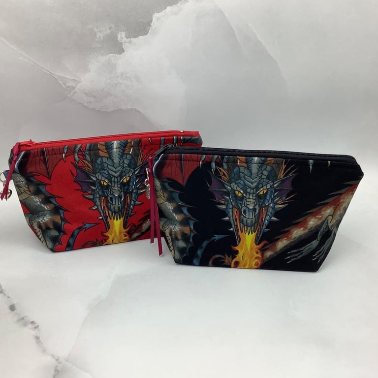 Handmade dragons zip bag, Gothic makeup case, 2 options