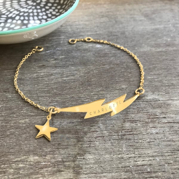 Personalised Gold Lightning Bolt Bracelet with Star Charm, celestial jewellery, 