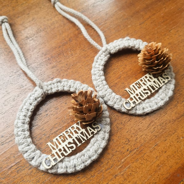 Macrame Christmas Tree Ornaments, set of 2, Merry Christmas - Pebble FREE UK P&P