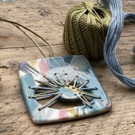 Statement Pendant Necklace Ceramic with Stitched Element 