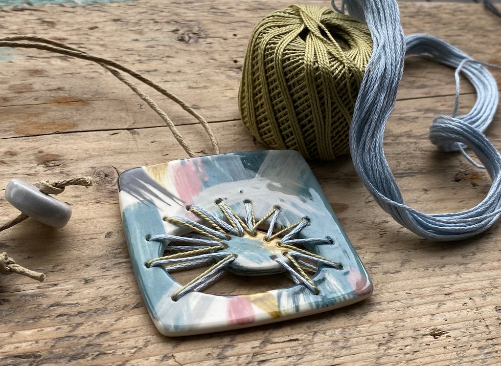 Statement Pendant Necklace Ceramic with Stitched Element 