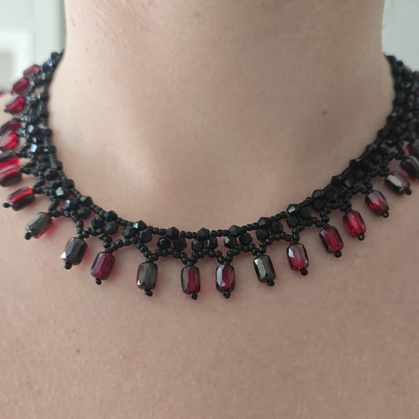 Black & Red Beaded Necklace, Lace-Inspired Gothic Necklace