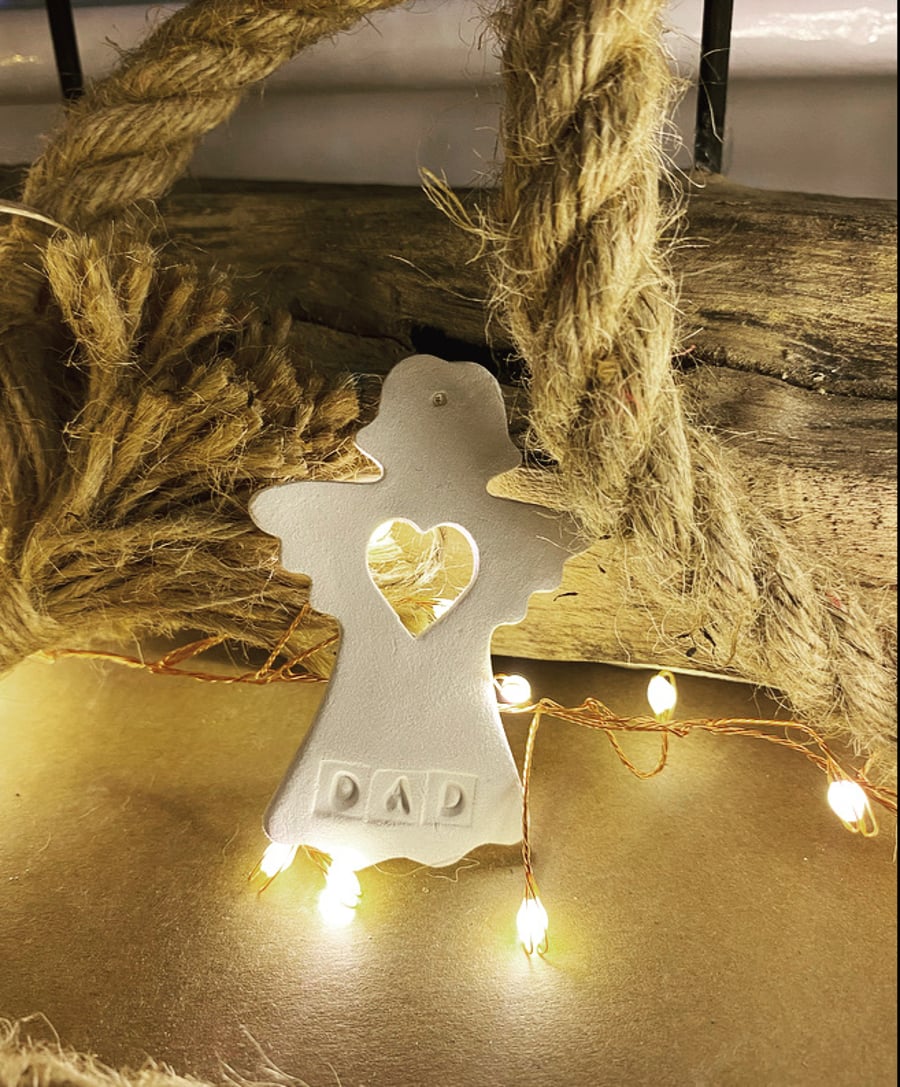 Personalised DAD memorial angel, ceramic Christmas tree ornament, remembrance de