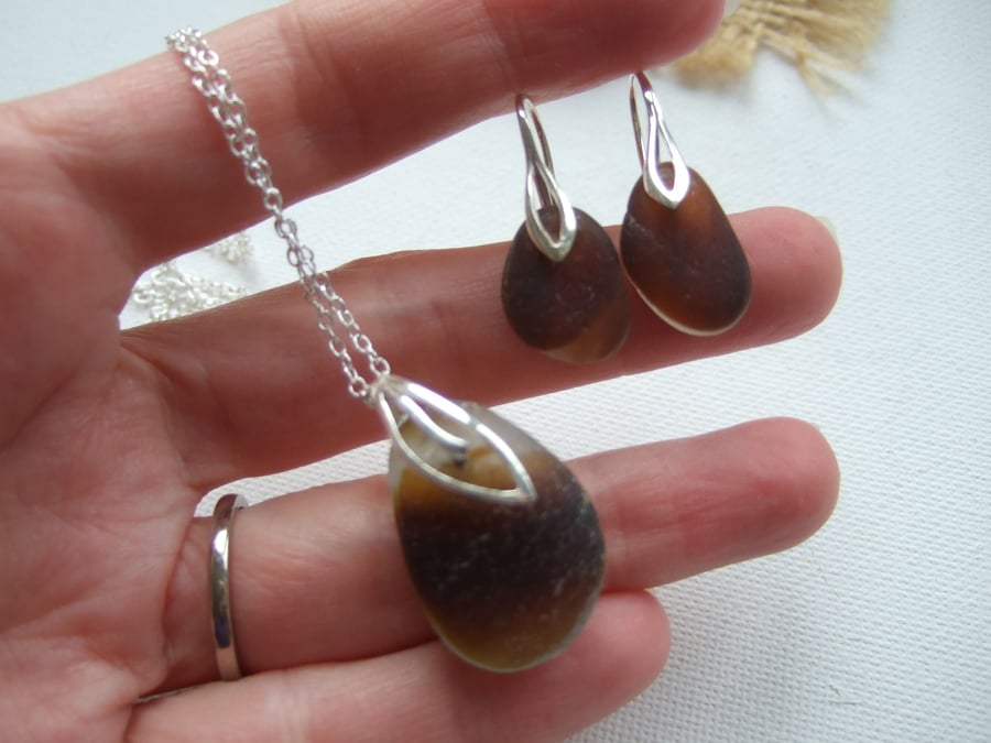 Earthy brown Multi Seaham sea glass earring and necklace set, Sterling Silver