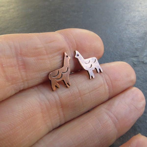 Alpaca stud earrings, Copper llama jewellery