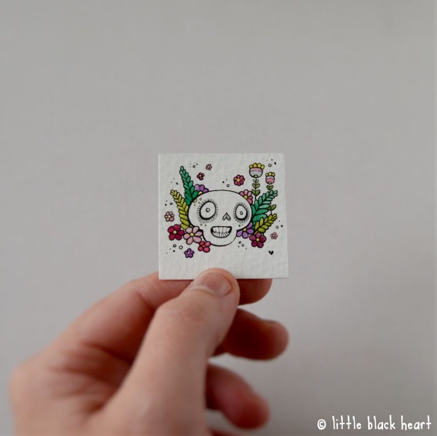 skull with ferns and flowers - original miniature illustration