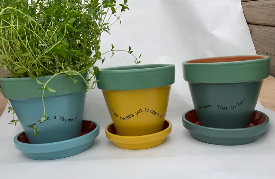 A Unique Trio of Large Hand Painted Kitchen Herb Plant Pots with Saucers