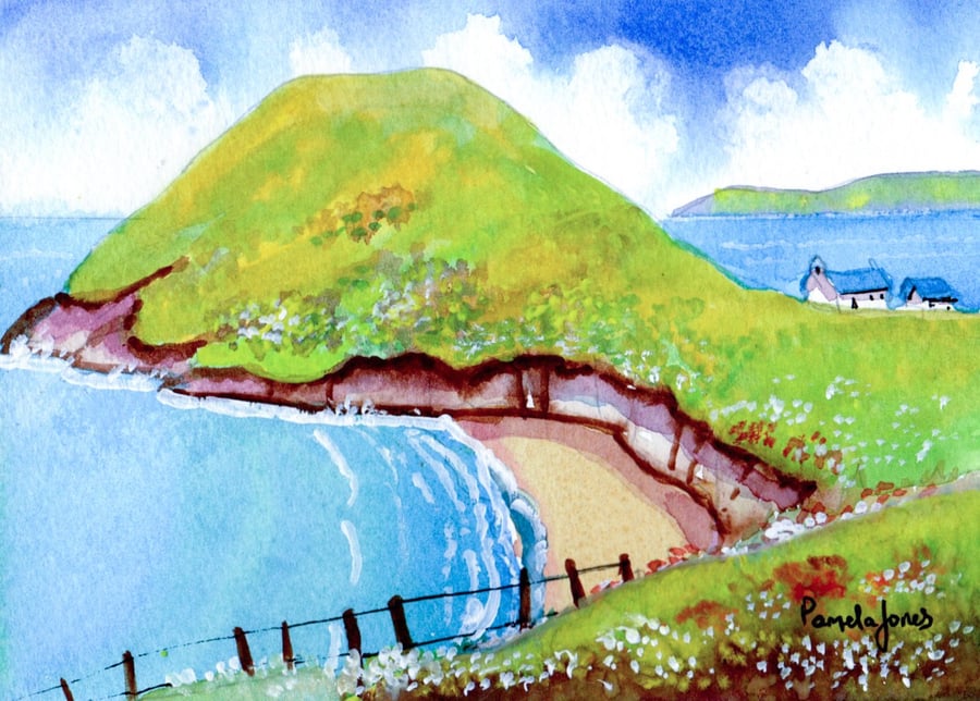 Mwnt Beach and Church, Ceredigion, Wales,Original Watercolour, in 9 x 7 '' Mount