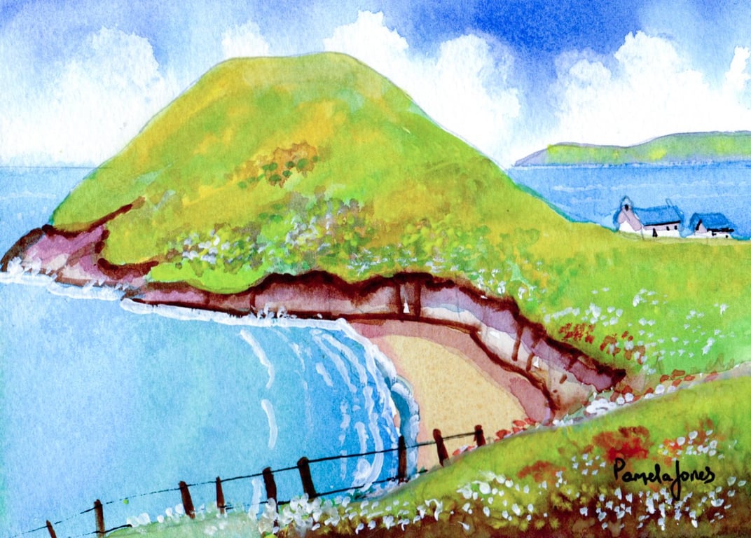 Mwnt Beach and Church, Ceredigion, Wales,Original Watercolour, in 9 x 7 '' Mount