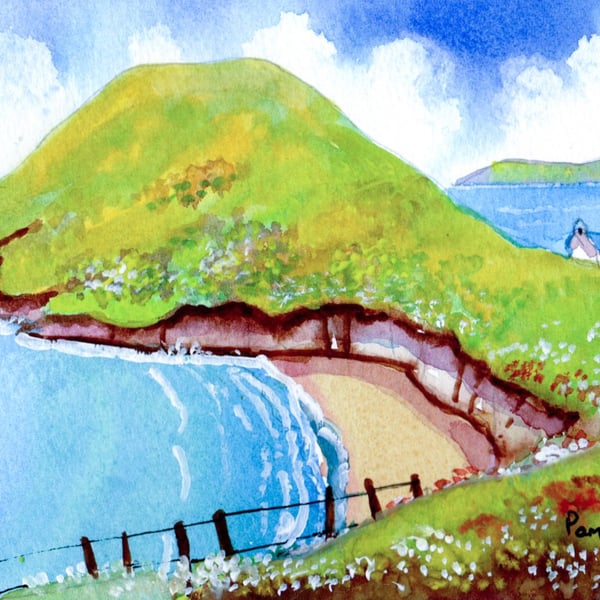 Mwnt Beach and Church, Ceredigion, Wales,Original Watercolour, in 9 x 7 '' Mount