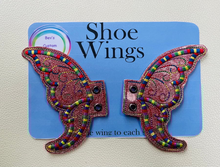 Fairy Wings, Embroidered shoe,boot wings. Pink, multi