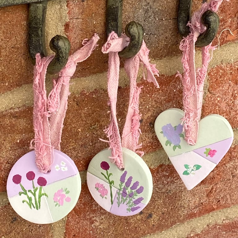 Cottage Garden Pinks - Handpainted Hanging Decorations (set of three)