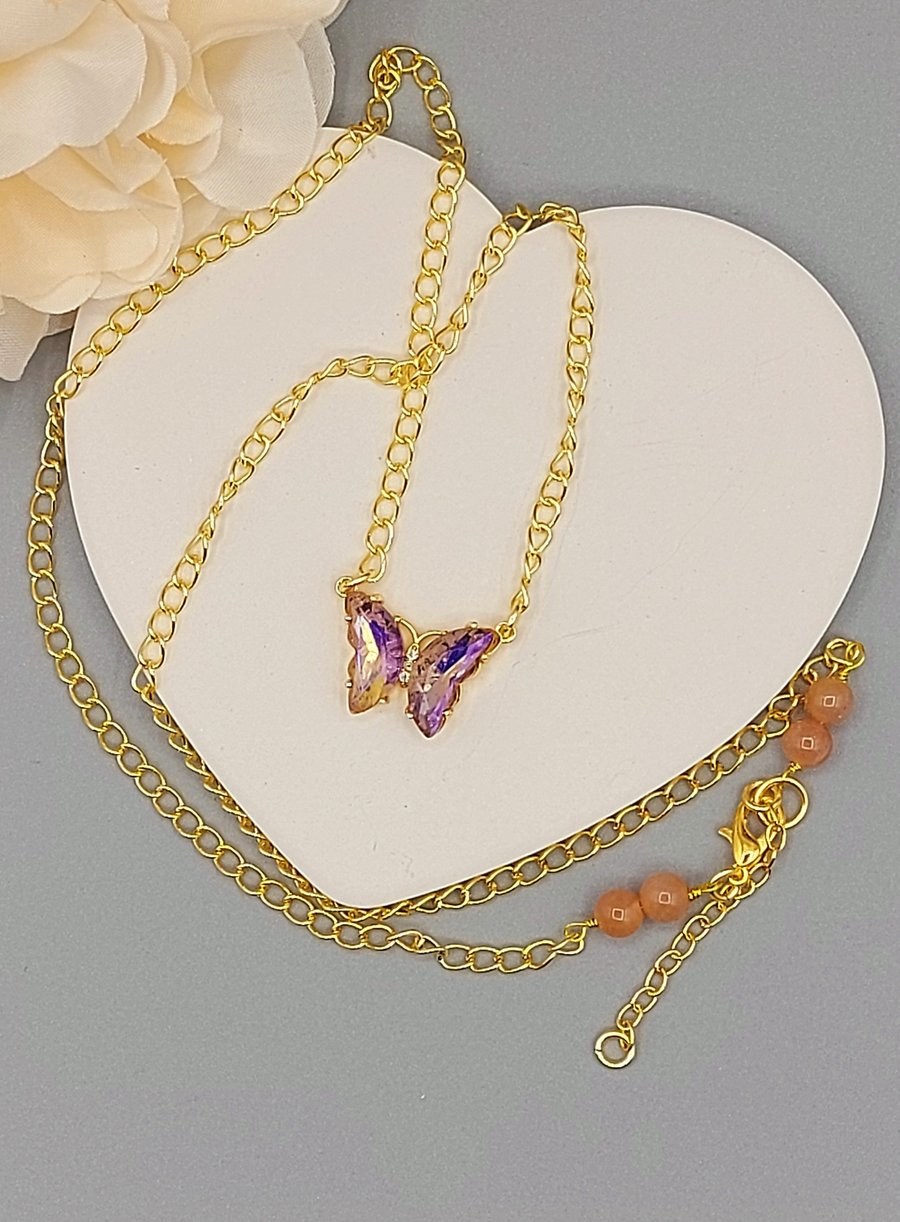 IRIDESCENT RAINBOW BUTTERFLY PENDANT NECKLACE AND SUNSTONE GEMSTONE