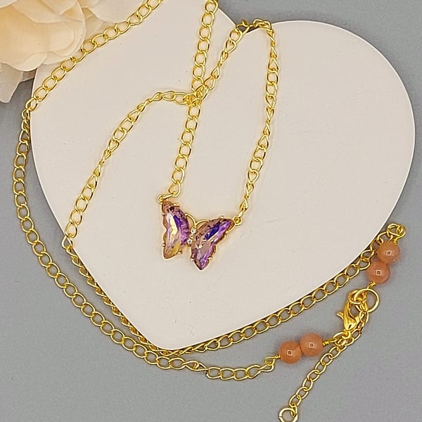 IRIDESCENT RAINBOW BUTTERFLY PENDANT NECKLACE AND SUNSTONE GEMSTONE