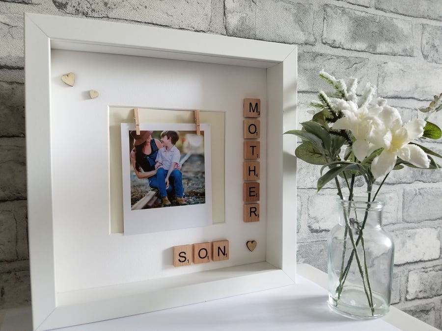 Mother & son photo frame with wooden scrabble tiles