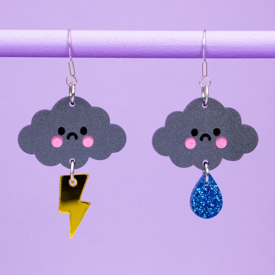 Storm Cloud Earrings Small Cute Charm Dangle Earrings Laser Cut Acrylic