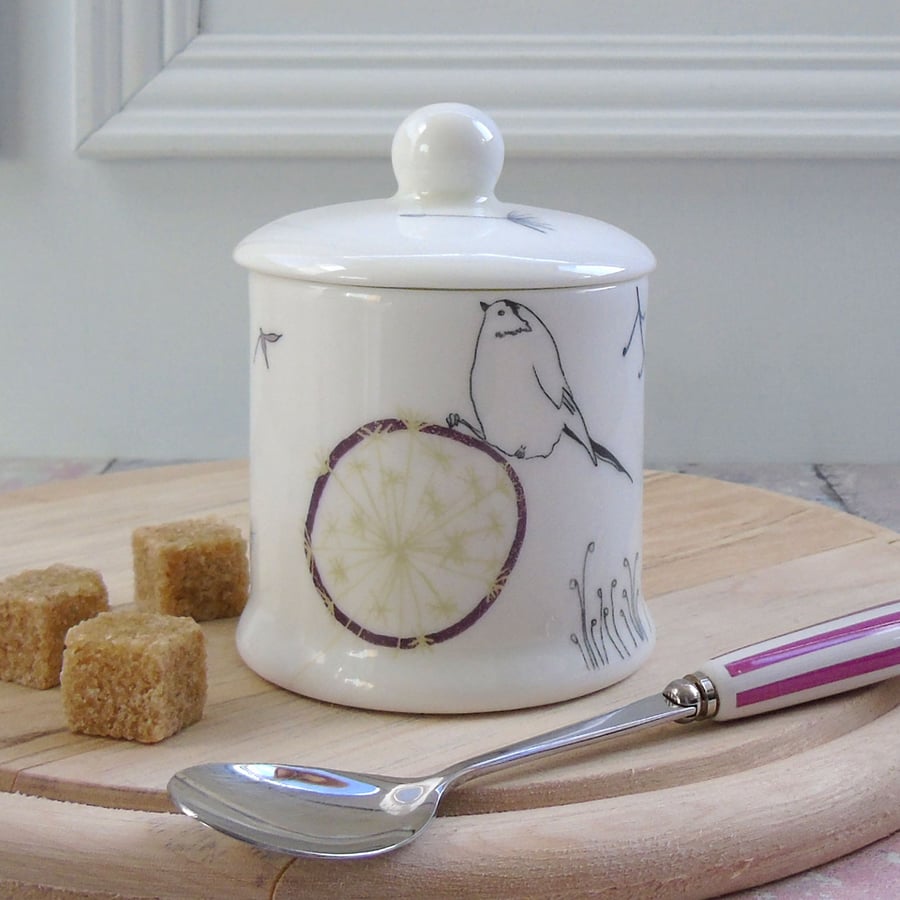 Bone china jam pot or sugar bowl -Dandelion design