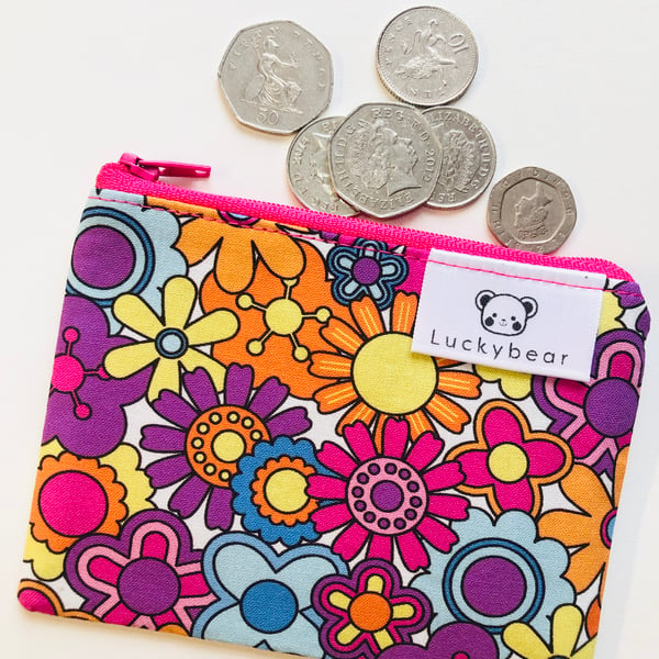 Bright floral coin purse in a groovy retro print, floral coin purse, flowers