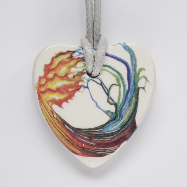 Fire and Water Elements Design on Heart Shaped Ceramic Pendant on Grey Cord