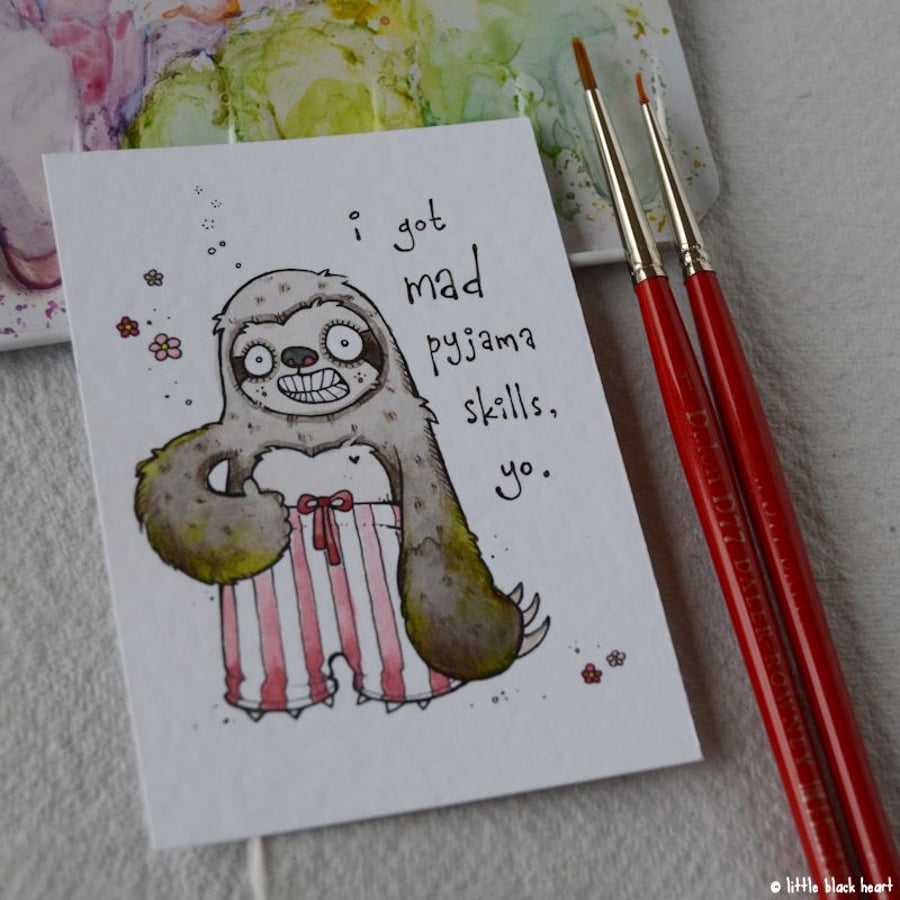 pyjama skills sloth - original aceo